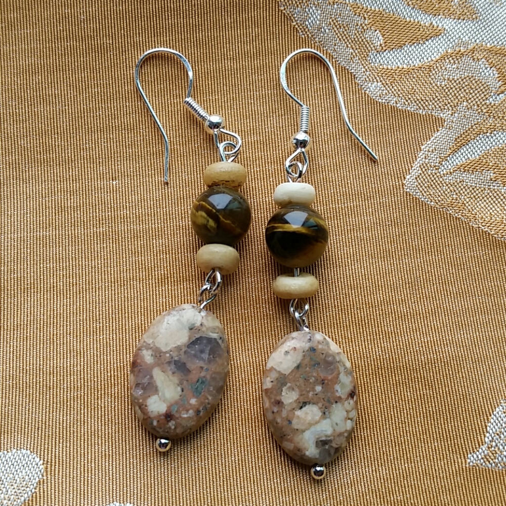 Natural Stone Tigers Eye Dangle Earrings Silver 925
